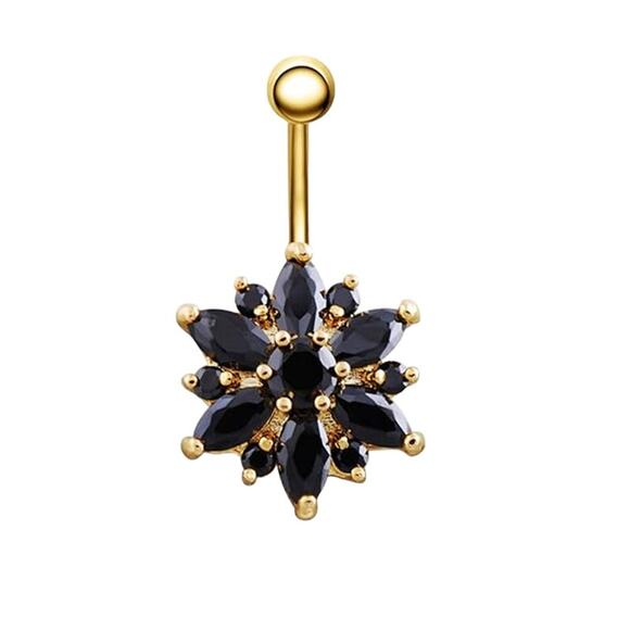 Black CZ, Gold IP Plated Flower Belly Button Ring - Surgical Steel, 14G - Picture 1 of 2